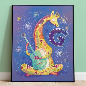 Arte colorido para la habitación de los niños, G para estampado de animales del alfabeto de jirafa, arte brillante y dulce para la guardería y regalo de baby shower
