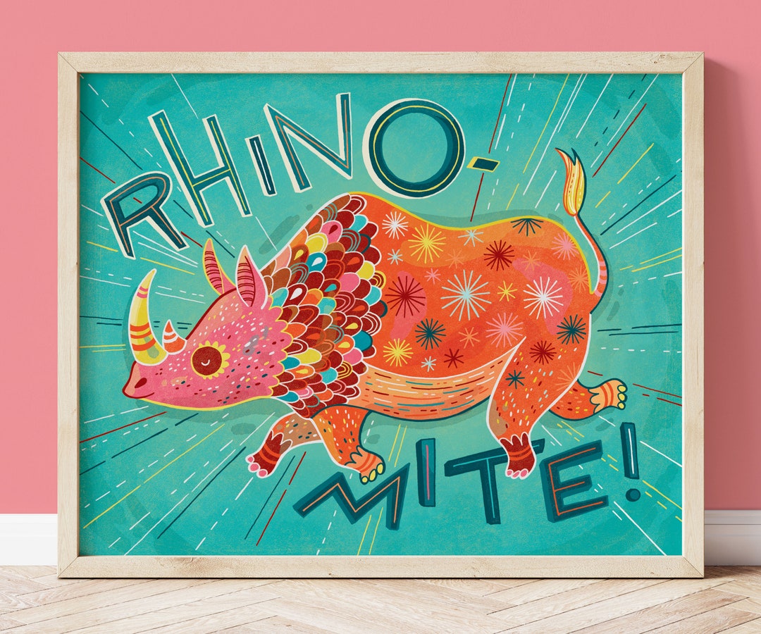 Colorful Rhino Wall Art Hand Lettered Poster Decor for Kids Etsy