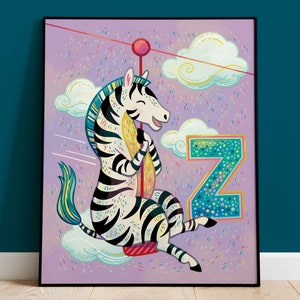 Arte de la pared de la habitación de los niños / Decoración de la guardería / Arte de la pared colorido / Decoración de la habitación de los niños / Cartel del alfabeto / Cebra con tirolesa / Regalo de bebé / Ilustración