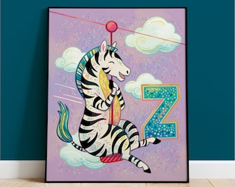 Kids Room Wall Art / Nursery Decor / Colorful Wall Art / Kids Room Decor / Alphabet Poster / Zebra with a Zipline / Baby Gift / Illustration