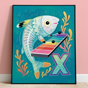 Arte de la pared de la habitación de los niños / Decoración de la guardería / Decoración de la habitación de los niños brillantes / Cartel del alfabeto / Letra X / Regalo del bebé / Impresión de la ilustración / X inicial