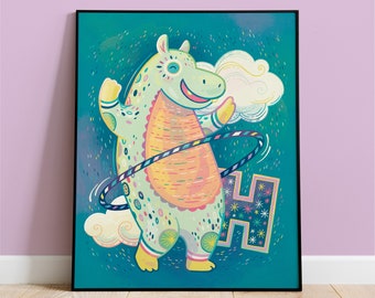 Kids Room Art, Nursery Decor or Baby Shower Gift, Colorful and Cute H for Hippo with Hula Hoop