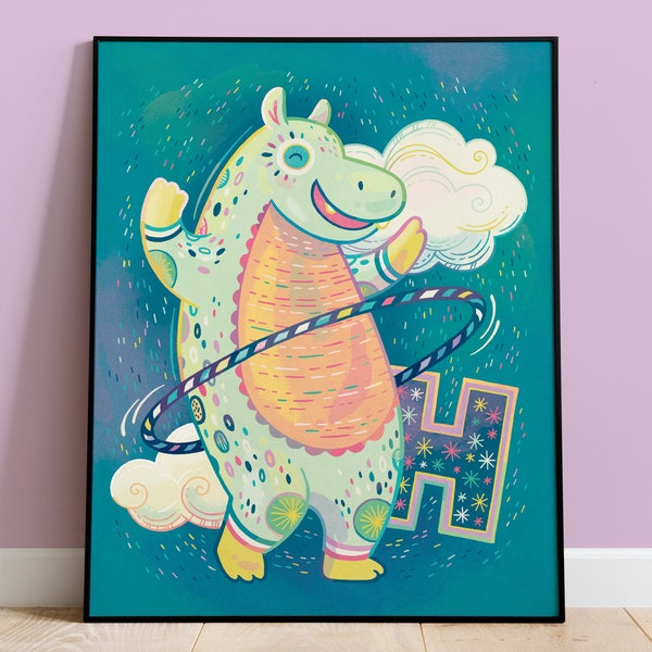 Kids Room Art, Nursery Decor or Baby Shower Gift, Colorful and Cute H for Hippo with Hula Hoop