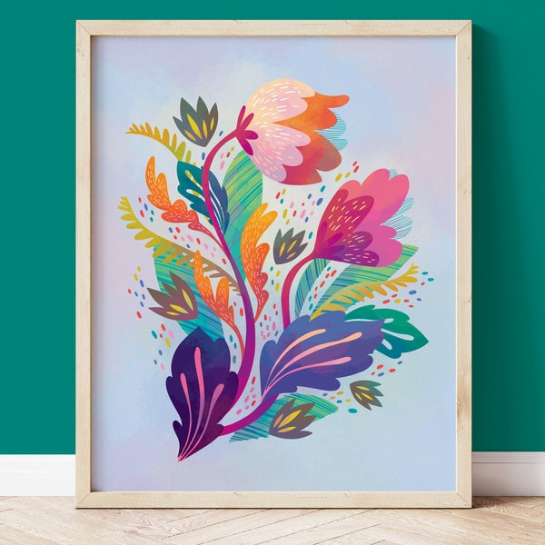 Colorful Flower Wall Art, Floral Decor Print in Bright Pink, Purple, Green and Orange, for Maximalist and Boho Homes