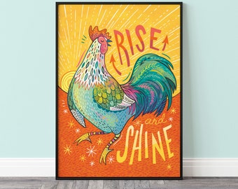 Rooster Wall Art Print, Retro Colorful Kitchen Decor, Farmhouse Poster Hand Lettered in Orange, Yellow, Blue and Green