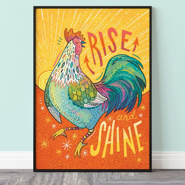 Rooster Wall Art Print, Retro Colorful Kitchen Decor, Farmhouse Poster Hand Lettered in Orange, Yellow, Blue and Green