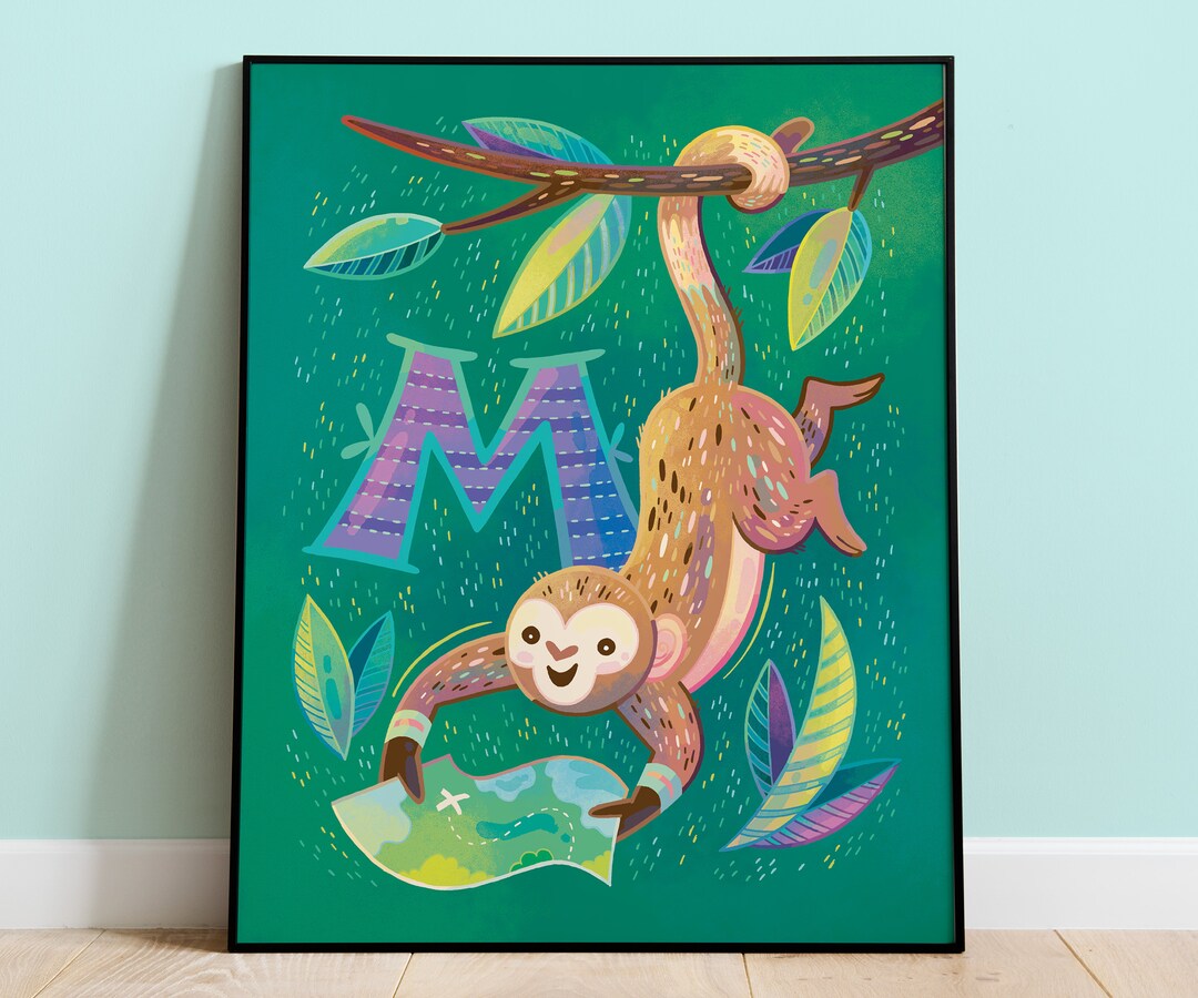 Monkey Initial M Print: Colorful Kids Room Decor - Etsy