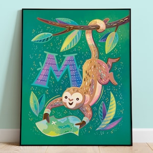 Arte de la habitación de los niños / Decoración de la guardería / Decoración de la habitación de los niños / M para mono / Decoración colorida de la pared / M inicial / Cartel del alfabeto / Regalo del bebé