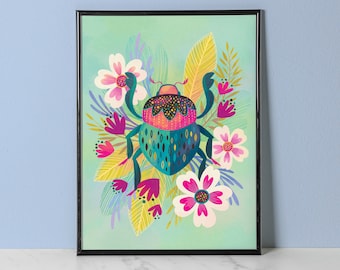 Bright Flower Art, Beetle and Floral Print for Home Wall Decor in Aqua, Pink, Teal and Gold for Maximalist Unique Interior