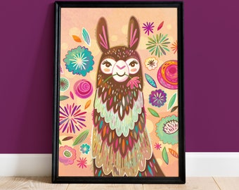 Colorful Llama Art Print: Boho Floral Home Decor