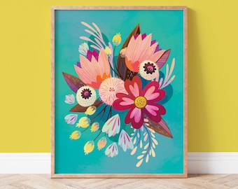 Heldere turquoise bloemkunst, kleurrijke botanische print voor woondecoratie, klaar om in te lijsten