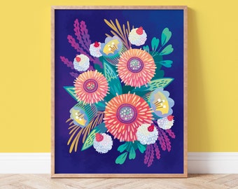 Bright Colorful Flower Art, Blue and Pink Wall Decor with Modern Florals, Bold Gallery Wall Illustration