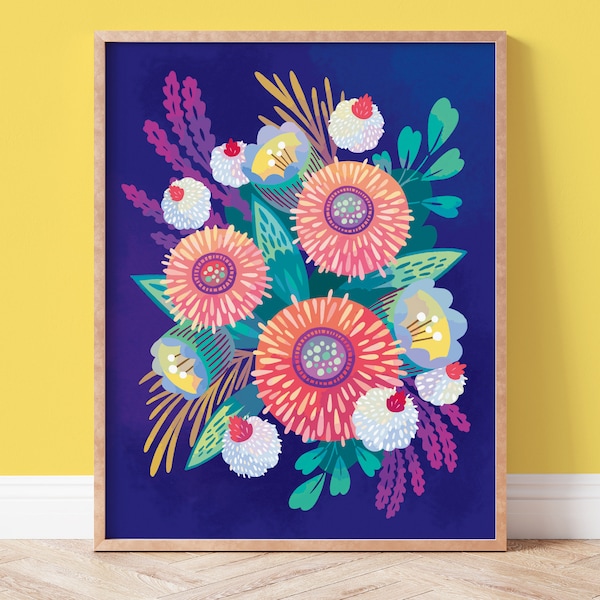 Bright Colorful Flower Art, Blue and Pink Wall Decor with Modern Florals, Bold Gallery Wall Illustration