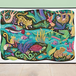 Arte colorido para habitación de niños, impresión de animales de la selva amazónica para decoración de guardería o temática de jungla en colores brillantes