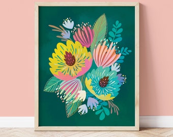 Colorful Flower Art / Floral Wall Art / Green and Pink Flower Print / Boho Decor / Floral Illustration / Maximalist Decor /Bright Wall Decor