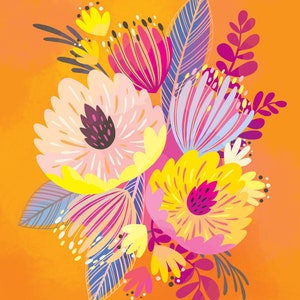 Orange Pink Flower Art, Colorful Wall Decor, Bright Floral Poster for Boho Maximalist Eclectic Home image 2