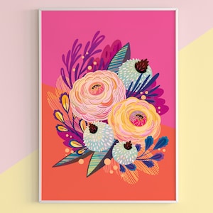 Bright Floral Art Print: Pink & Orange Botanical Illustration