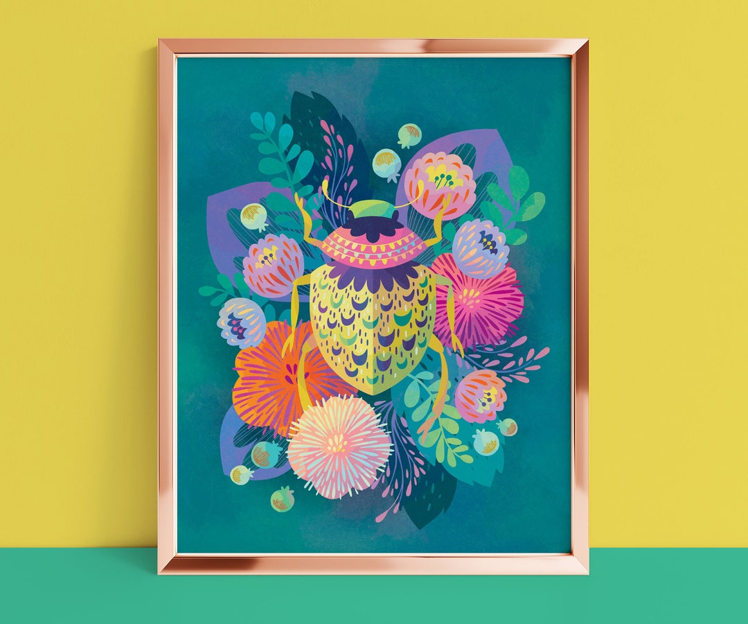 Flowers and Nature Wall Art / Beetle and Floral Art Print / Colorful