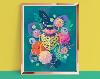 Flowers and Nature Wall Art / Beetle and Floral Art Print / Colorful Wall Decor / Bright Bold Color Art Print / Maximalist Decor Art