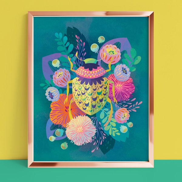 Beetle Floral Art Print: Colorful Boho Maximalist Wall Decor
