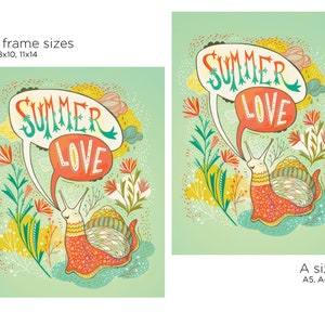 Cute Quirky Wall Art, Snail of Summer Colorful Print, Hand Lettered in Coral, Green and Gold image 3