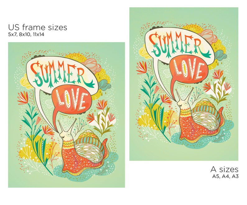 Cute Quirky Wall Art, Snail of Summer Colorful Print, Hand Lettered in Coral, Green and Gold image 3