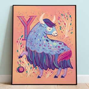Arte de la pared de la habitación de los niños / decoración de la guardería / decoración de la habitación de los niños / cartel del alfabeto / letra Y / Yak con un yoyo / regalo del bebé / decoración colorida / Y inicial