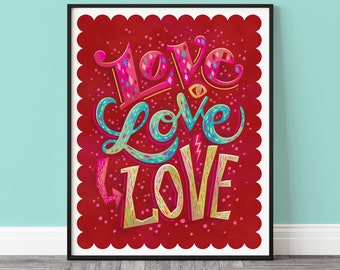 Bright Wall Art, LOVE Decor Print, Colorful Typography Illustration Poster in Red, Pink, Turquoise, Boho Cute Home Decor