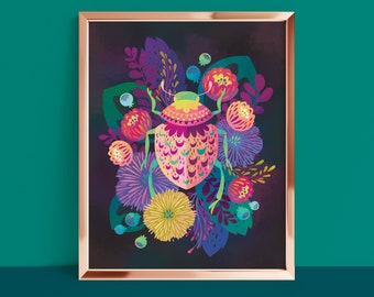 Beetle and Flowers Art Print / Colorful Wall Decor / Flowers and Nature Wall Art / Bright Bold Colourful Art Print / Maximalist Decor