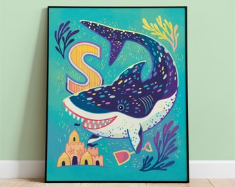 Kids Room Art, Nursery Decor or Baby Shower Gift, Colorful and Cute S for Shark and Sandcastle