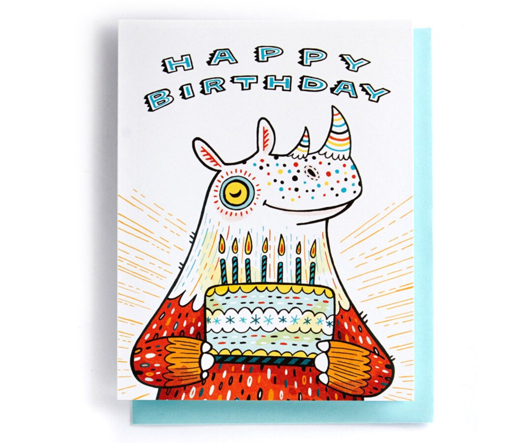 Birthday Card: Rhinoceros With Birthday Cake Illustrated and - Etsy