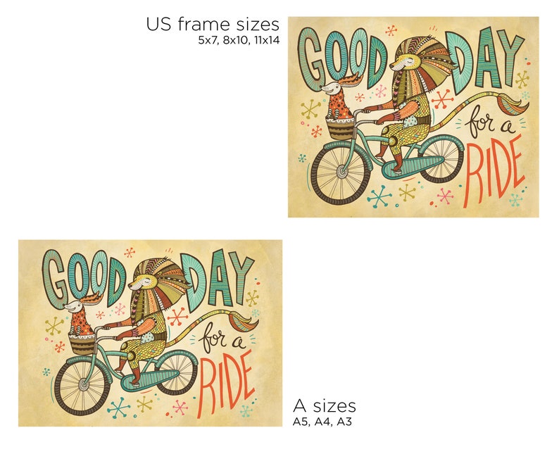 Bicycle Art Print / Bike Ride Print / Lion on a Bicycle Illustration / Good Day for a Ride / Hand Lettered / Inspirational Quote / Wall Art image 3