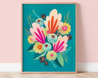 Printable Poster Turquoise Flower Art, Digital File 24x30 inch, Colorful Wall Art, Flowers Print in Bright Turquoise and Pink