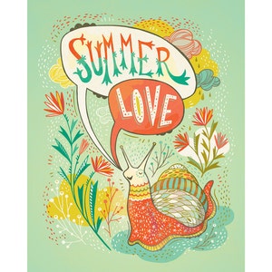 Cute Quirky Wall Art, Snail of Summer Colorful Print, Hand Lettered in Coral, Green and Gold image 2