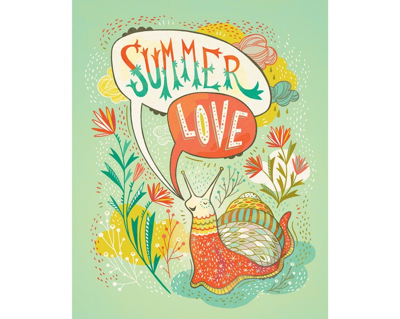 Cute Quirky Wall Art, Snail of Summer Colorful Print, Hand Lettered in Coral, Green and Gold image 2