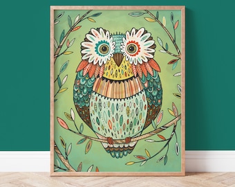 Owl Wall Art Print, Unique Hand Drawn Home Decor for Kids Room, Nursery, Dorm or Living Room