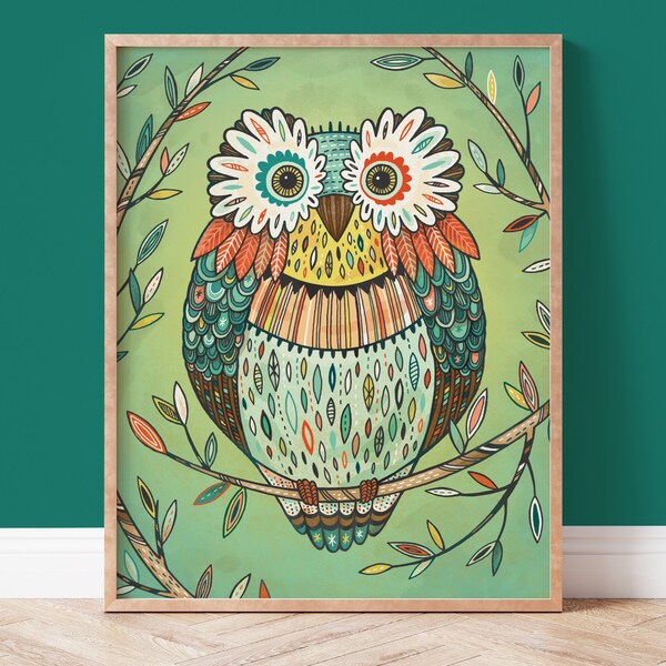 Owl Art Print: Hand Drawn Illustration, Kids Room Decor