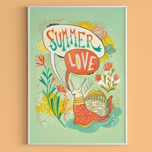 Cute Quirky Wall Art, Snail of Summer Colorful Print, Hand Lettered in Coral, Green and Gold image 1