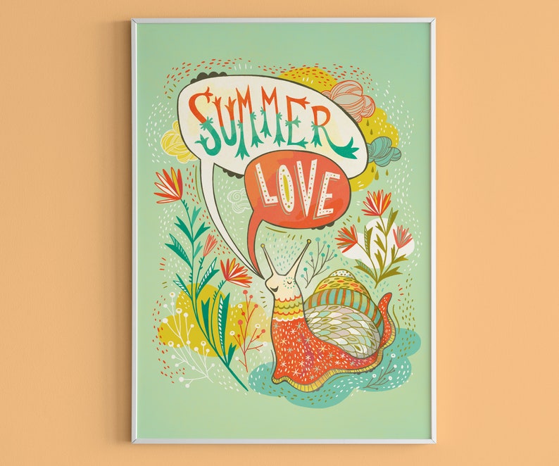 Cute Quirky Wall Art, Snail of Summer Colorful Print, Hand Lettered in Coral, Green and Gold image 1