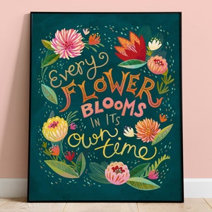 Inspirujący cytat na ścianę, kwiaty i typografia wydruk artystyczny, kolorowy pozytywny plakat w kolorze turkusowym, ilustracja do dekoracji wnętrz do oprawienia