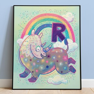 Arte de la habitación de los niños, decoración de la guardería o regalo de baby shower, R de Rhino, colorido y lindo póster