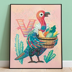 Lindo arte de la habitación para niños, V para cartel inicial de buitre de la colección Alphabet Animals, decoración de vivero de colores brillantes