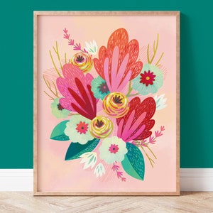 Colorful Wall Art, Flower Print for Framing in Pink and Red