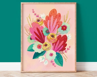 Colorful Wall Art, Flower Print for Framing in Pink and Red