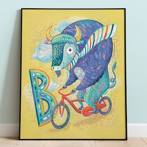 Arte animal de decoração de berçário, B para impressão de quarto infantil de búfalo, pôster colorido bonito para novo presente de bebê ou presente de aniversário