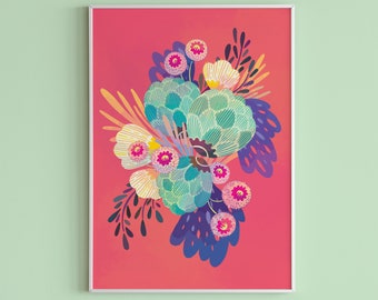Colorful Wall Art / Floral Art Print / Boho Decor / Aqua and Pink Flowers / Bright Wall Art / Flower Poster / Bold Illustration / Maximalist