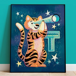 Arte de decoración para niños de guardería, T para tigre y telescopio, impresión de pared de la colección de carteles de animales del alfabeto, baby shower único o regalo de cumpleaños