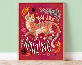 Impression d’art mural de tigre, décor animalier étonnant avec lettres colorées à la main, affiche maximaliste sur le thème de la jungle et des tropiques