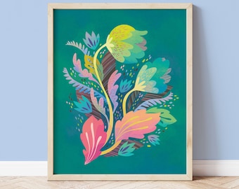 Bright Flower Art / Colorful Floral Art Print / Bold Wall Art / Green and Pink Boho Decor / Floral Illustration / Maximalist Bright Art