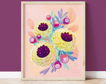 Arte de pared colorido / Estampado de arte floral / Decoración boho / Arte de pared brillante / Flores amarillas y rosas / Estampado floral brillante / Decoración maximalista